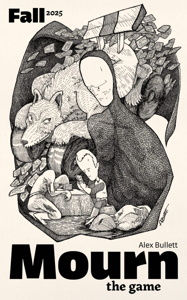 Technical pen illustration: Death looms over a knight. A corpse is slumped over a card game. A werewolf racecar is behind them. Mourn the game coming soon!!