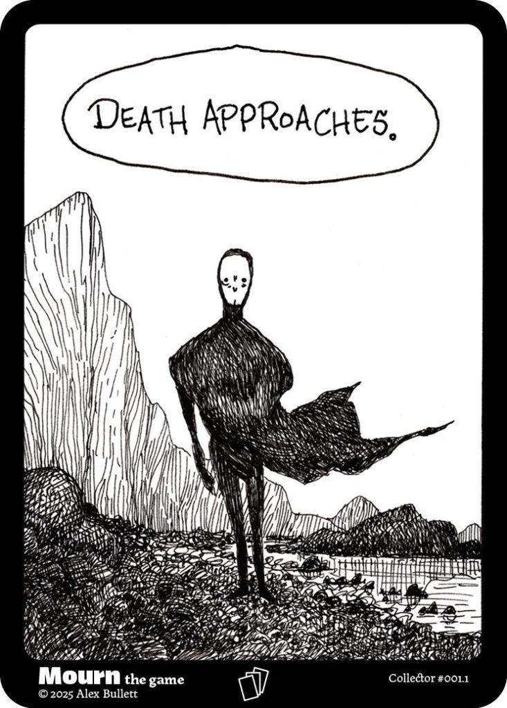 Panel 1: Stark white in a black robe, death stands on a rocky shoreline, "Death approaches."