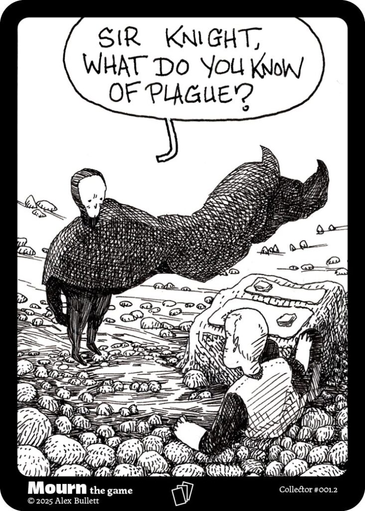 Panel 2: Death stands before a blond man reclining on the stone. "Sir knight, what do you know of plague?"