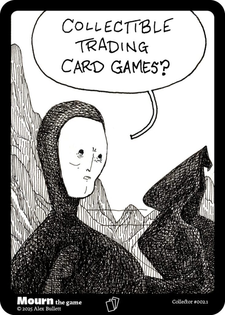 Panel 1: Stark white in a black robe, death appears curious, "Collectible trading card games?