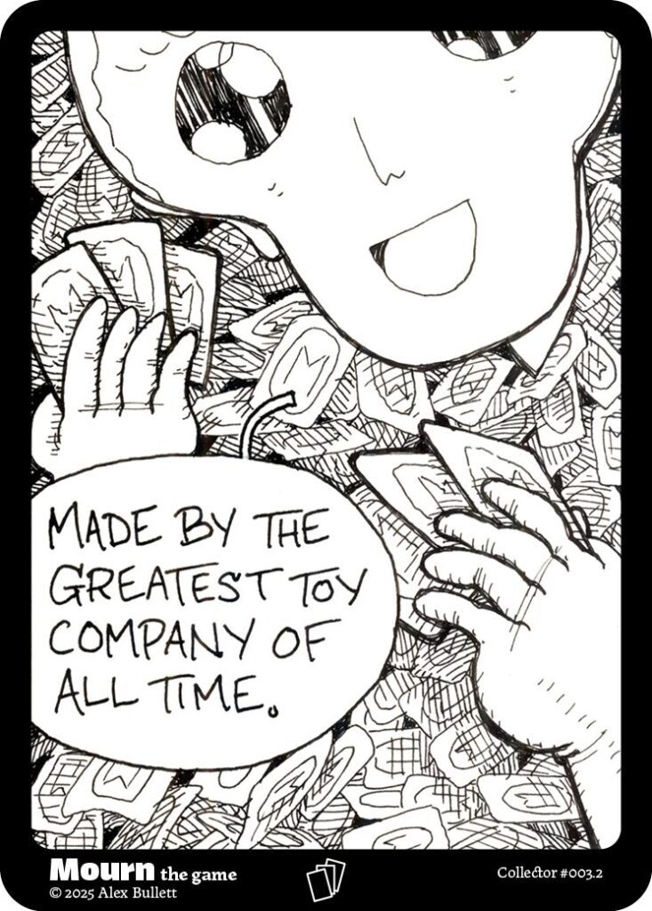 Panel 2: The knight is a floating cartoon head in front of a pile of Mourn the Game cards. "Made by the greatest toy company of all time."