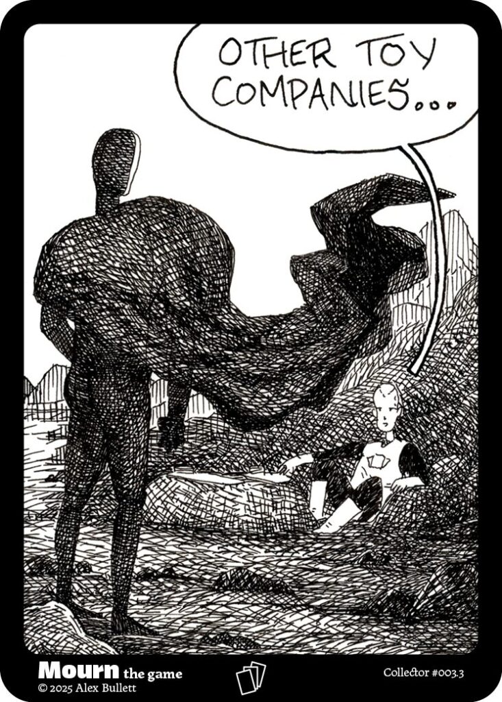 Panel 3: The knight reclines before death, "Other toy companies. . ." he says.