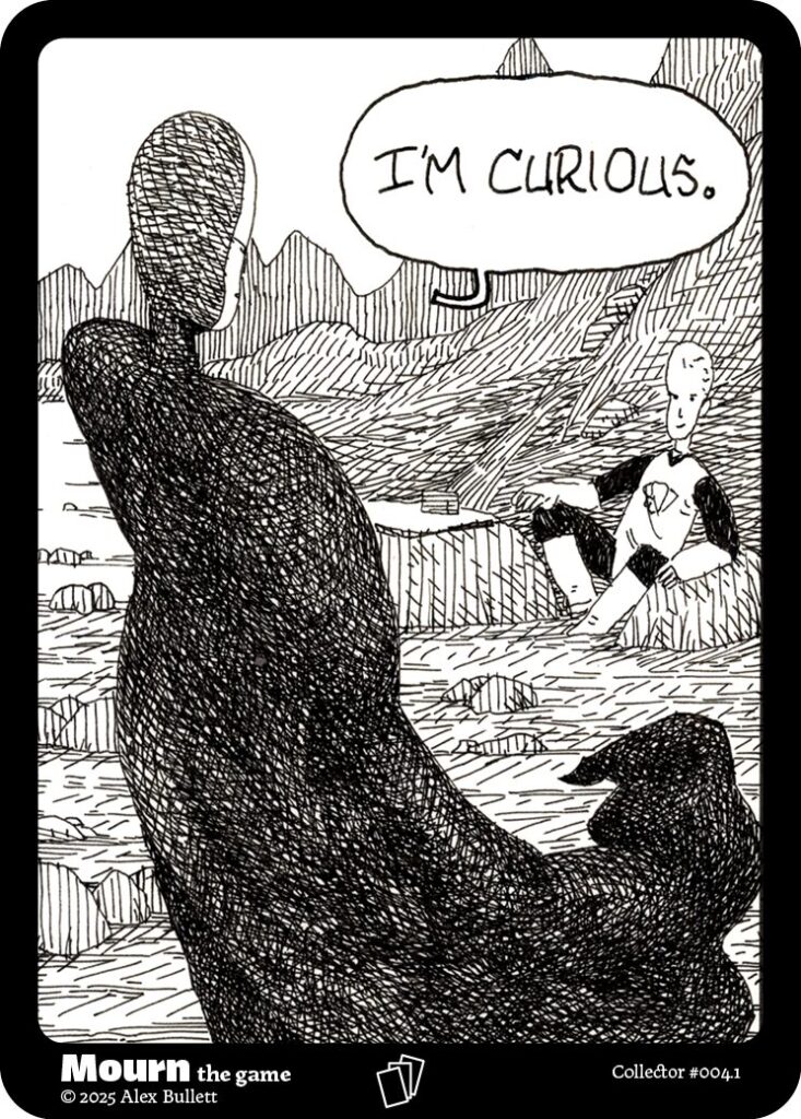 Panel 1: Death stands before the reclining knight. Death says "I'm curious."