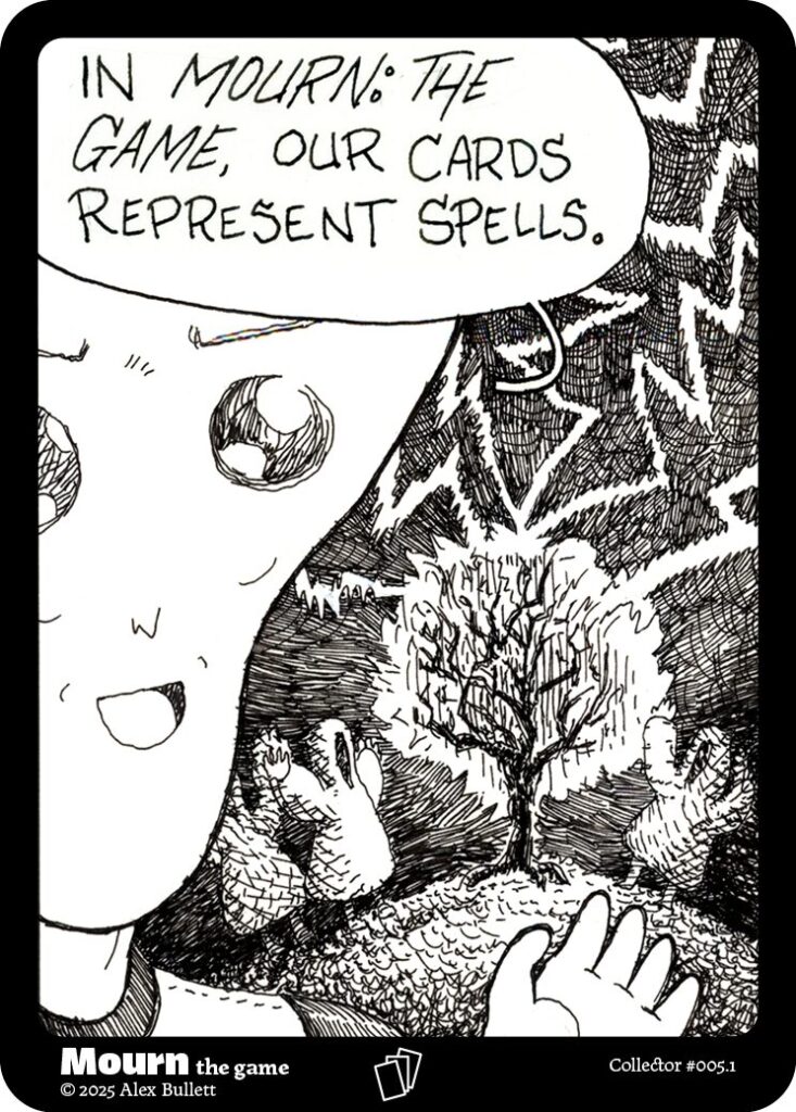 Panel 1: Behind the knight hooded figures raise their arms around a burning tree struck by lighting, the knight "In Mourn: the Game, our cards represent spells."