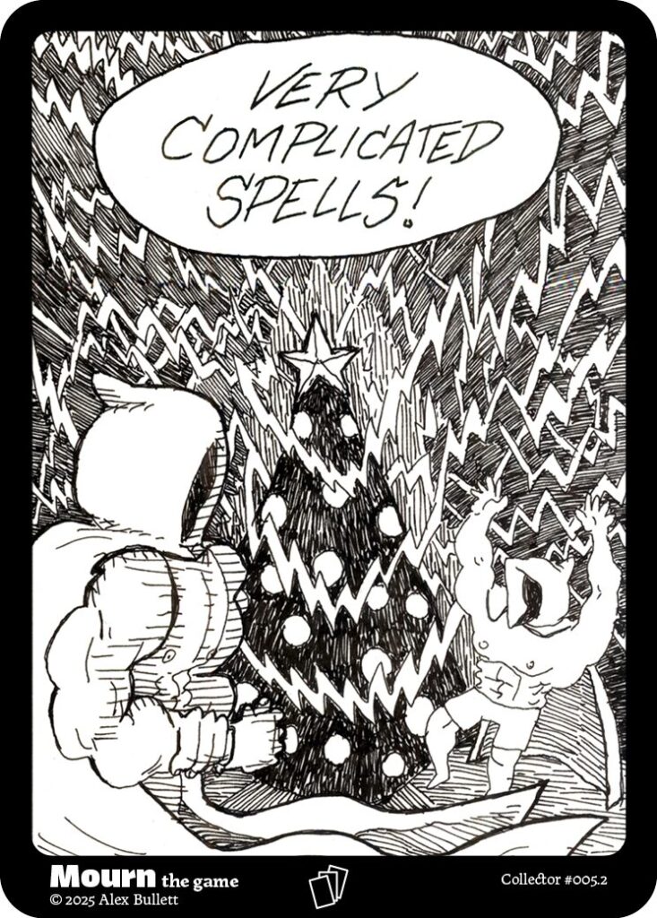 Panel 2: Now the hooded figures are buff and shirtless. The tree is a christmas tree. "VERY COMPLICATED SPELLS!"