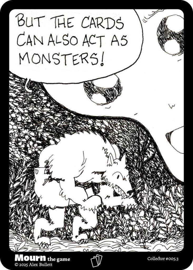 Panel 3: "But the cards can also act as monsters." A werewolf stands before foliage.