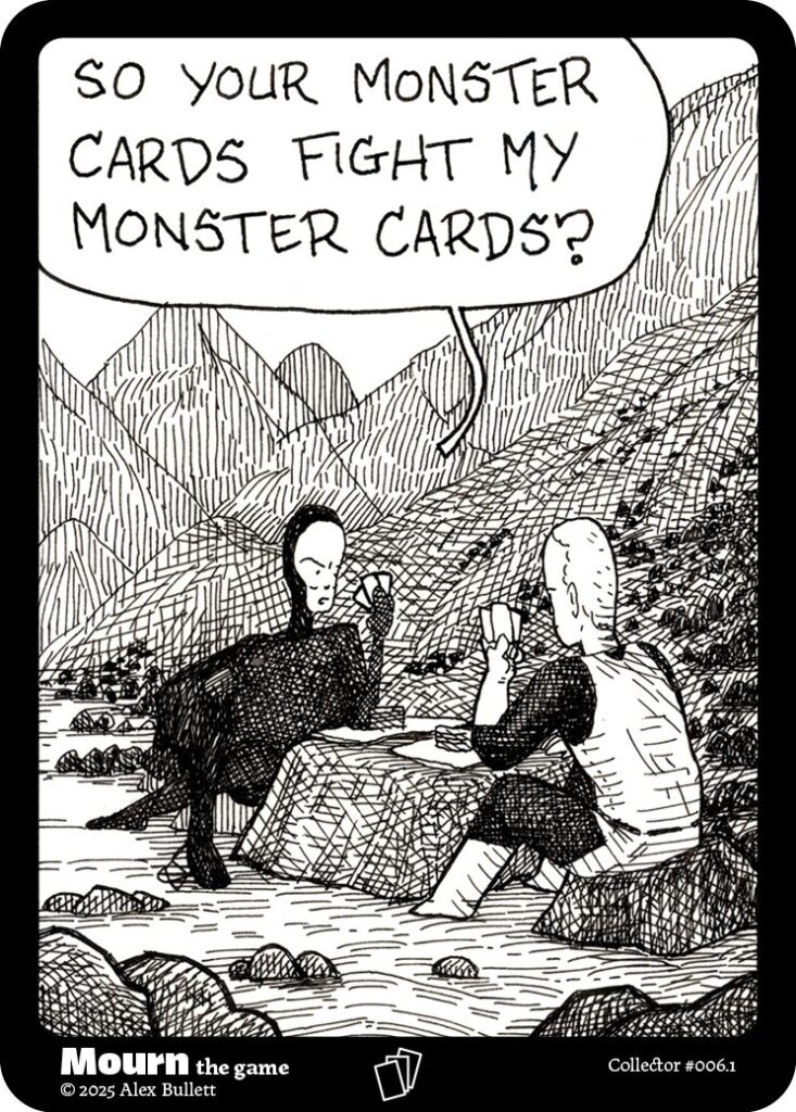 Panel 1: Death sits, looking at a hand of cards. "So your monster cards fight my monster cards?"