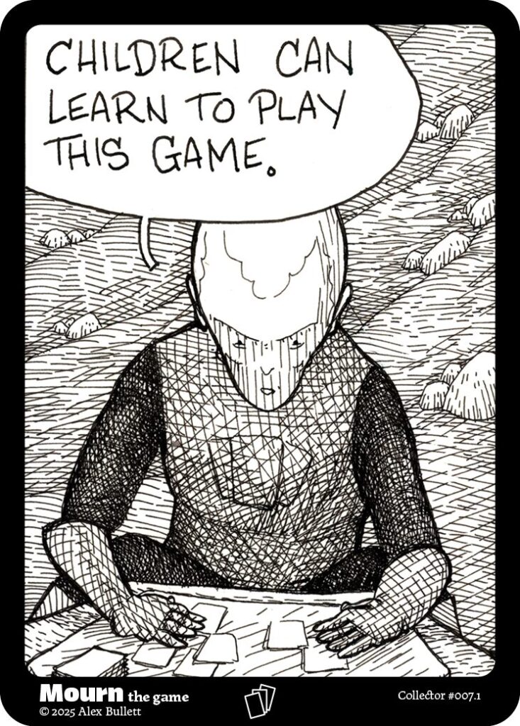 Panel 1: The knight solemnly observes his cards. "Children can learn to play this game."