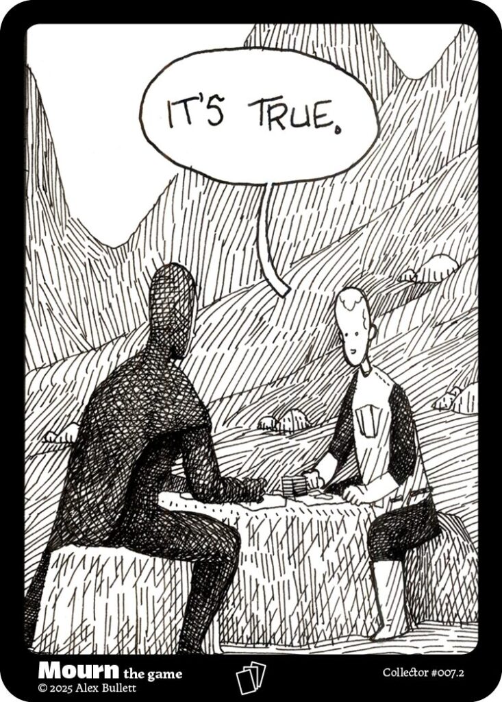 Panel 2: "It's true." The knight sits across from death, mountains behind them both.