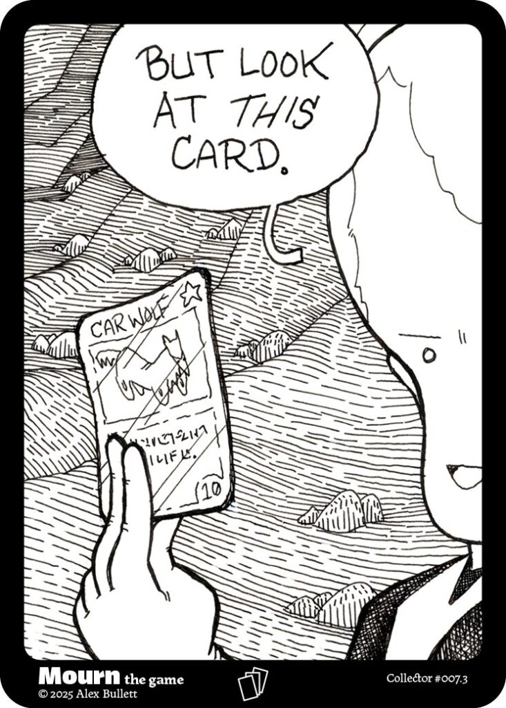 Panel 3: "But look at THIS card." The knight holds up a card called "Car Wolf."