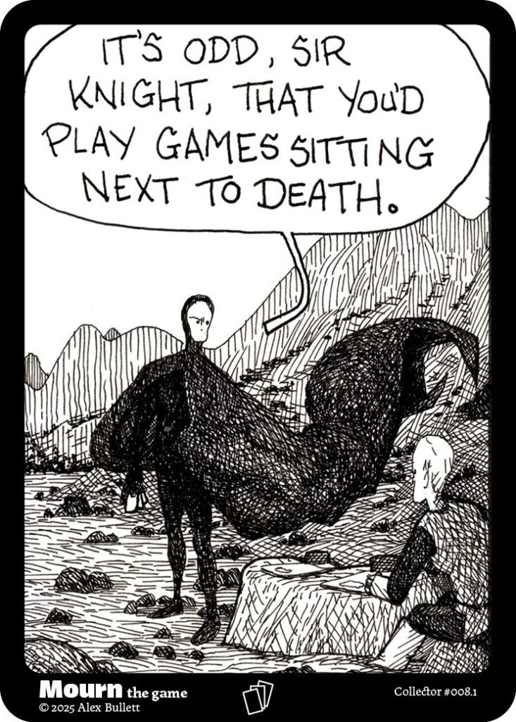 Panel 1: Death stands. "It's odd, sir knight, that you'd play games sitting next to death."