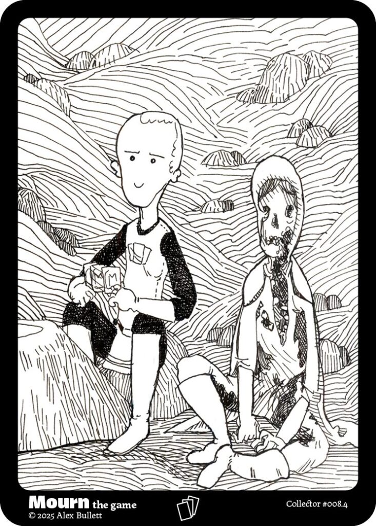 Panel 4: The knight sits next to a rotting corpse. The knight smiles a stupid smile.