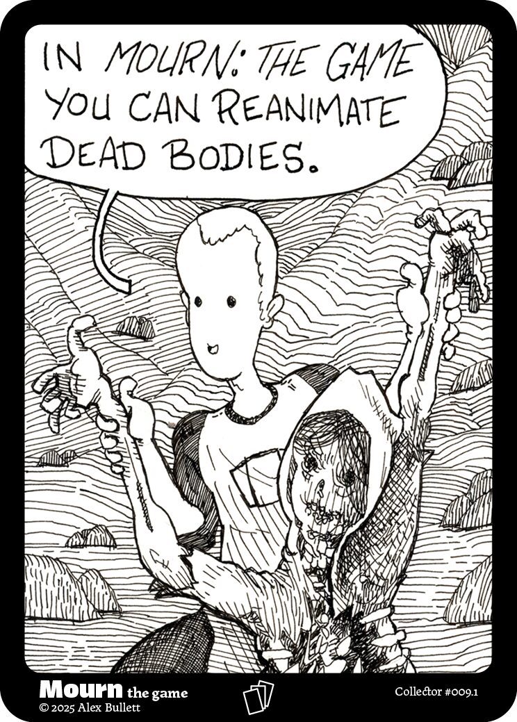 Panel 1: The knight holds the corpse like a puppet, "In Mourn: The Game you can reanimate dead bodies."