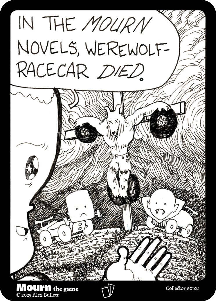 Panel 1: The knight speaks in front of a crucified werewolf racecar. Other monster racecars observer. "In the Mourn novels, werewolf racecar DIED."